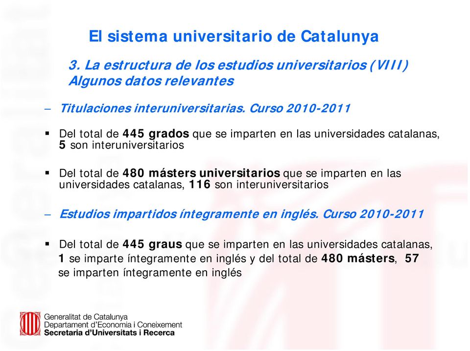universitarios que se imparten en las universidades catalanas, 116 son interuniversitarios Estudios impartidos íntegramente en inglés.