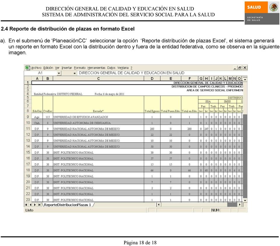 plazas Excel, el sistema generará un reporte en formato Excel con la