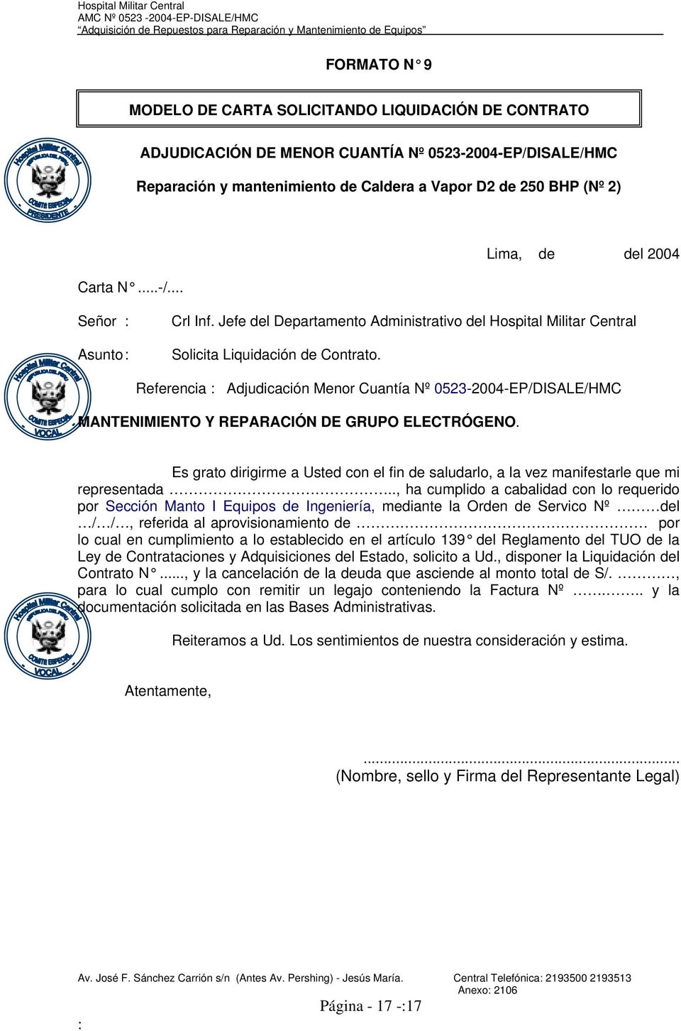 Referencia Adjudicación Menor Cuantía Nº 0523-2004-EP/DISALE/HMC MANTENIMIENTO Y REPARACIÓN DE GRUPO ELECTRÓGENO.