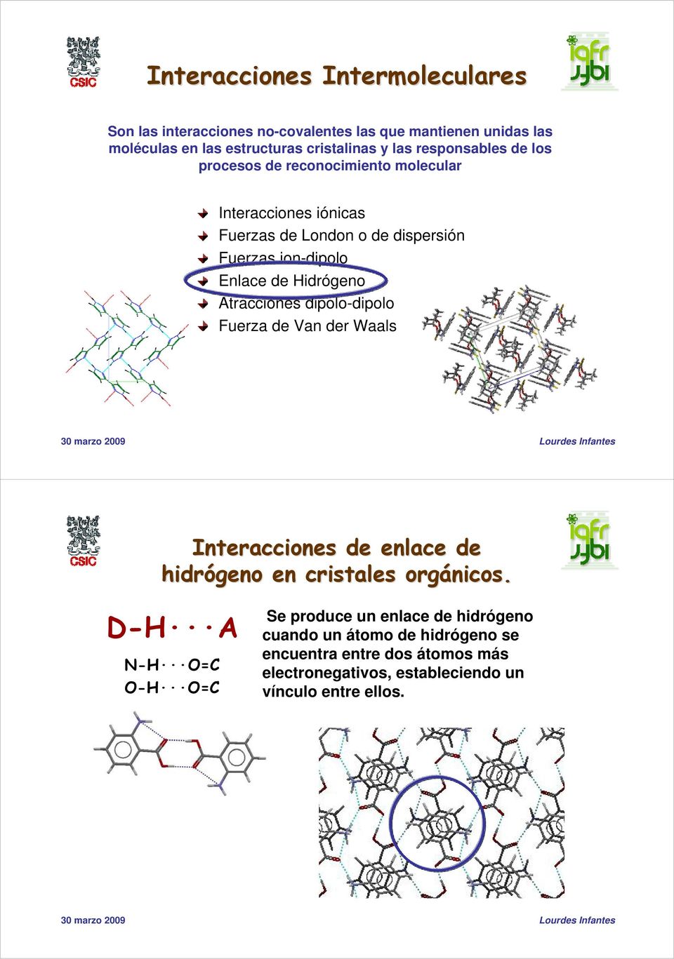 Hidrógeno Atracciones dipolo-dipolo Fuerza de Van der Waals Interacciones de enlace de hidrógeno en cristales orgánicos.