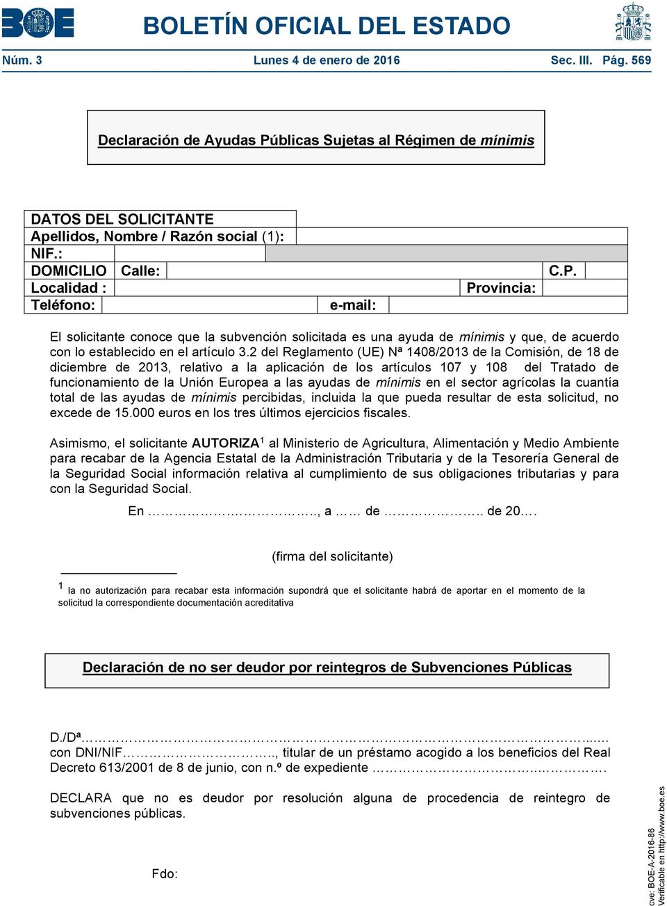 blicas Sujetas al Régimen de mínimis DATOS DEL SOLICITANTE Apellidos, Nombre / Razón social (1): NIF.: DOMICILIO Calle: C.P.