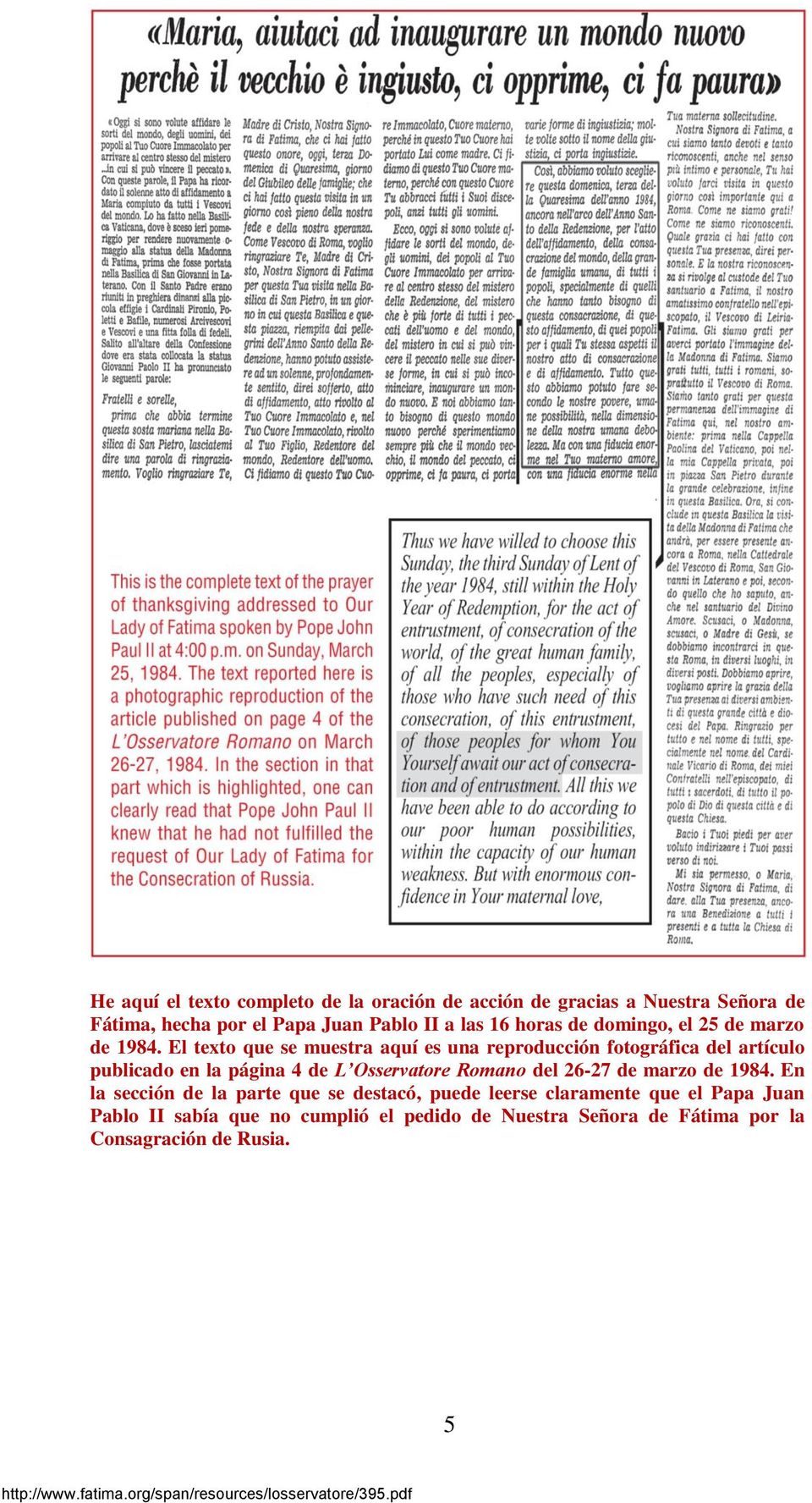 El texto que se muestra aquí es una reproducción fotográfica del artículo publicado en la página 4 de L Osservatore Romano del