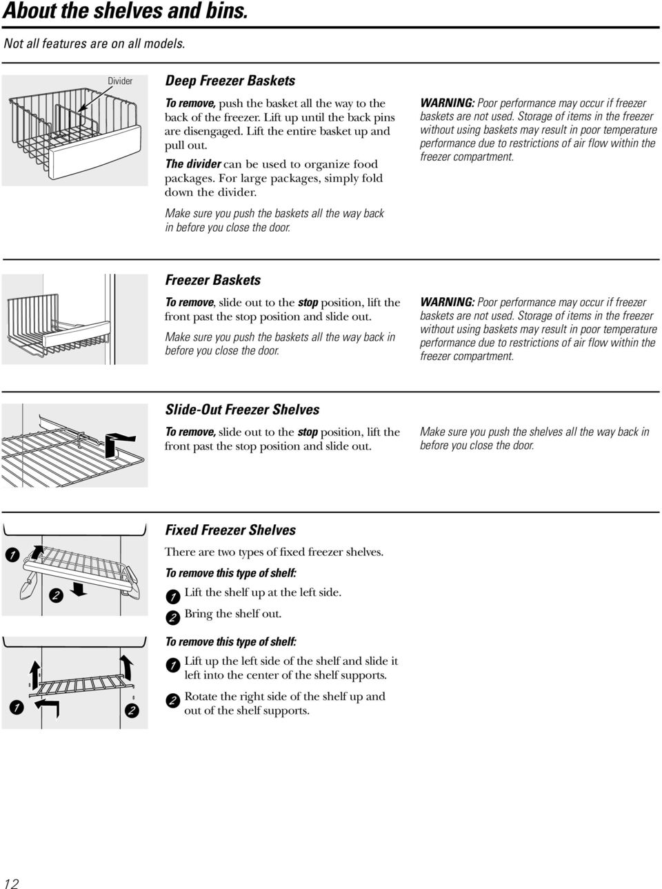 Make sure you push the baskets all the way back in before you close the door. WARNING: Poor performance may occur if freezer baskets are not used.