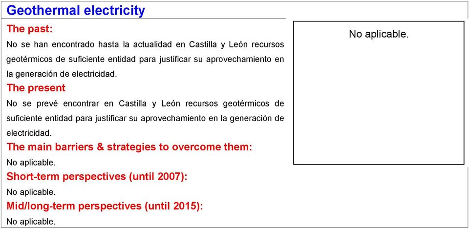The present No se prevé encontrar en Castilla y León recursos geotérmicos  No aplicable.