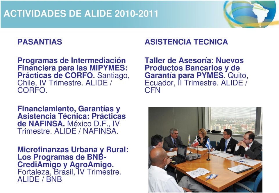 ASISTENCIA TECNICA Taller de Asesoría: Nuevos Productos Bancarios y de Garantía para PYMES. Quito, Ecuador, II Trimestre.