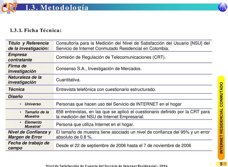 Residencial en Colombia. Comisión de Regulación de Telecomunicaciones (CRT). Consenso S.A., Investigación de Mercados. Cuantitativa. Entrevista telefónica con cuestionario estructurado.