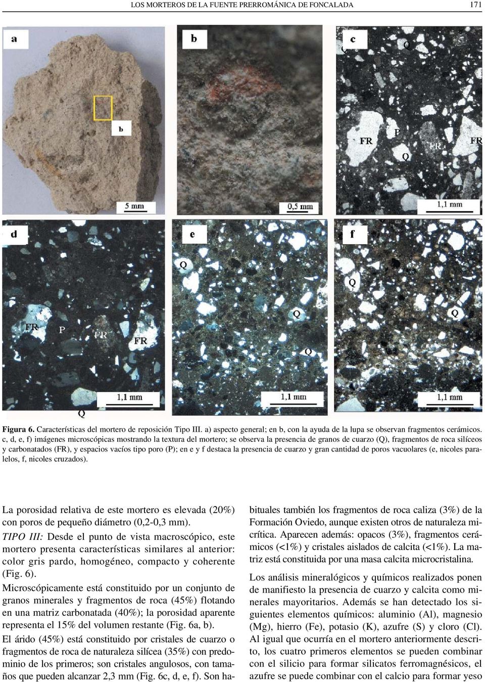 c, d, e, f) imágenes microscópicas mostrando la textura del mortero; se observa la presencia de granos de cuarzo (Q), fragmentos de roca silíceos y carbonatados (FR), y espacios vacíos tipo poro (P);