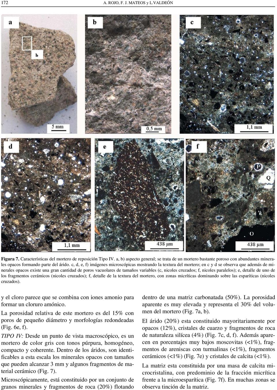 c, d, e, f) imágenes microscópicas mostrando la textura del mortero; en c y d se observa que además de minerales opacos existe una gran cantidad de poros vacuolares de tamaños variables (c, nicoles