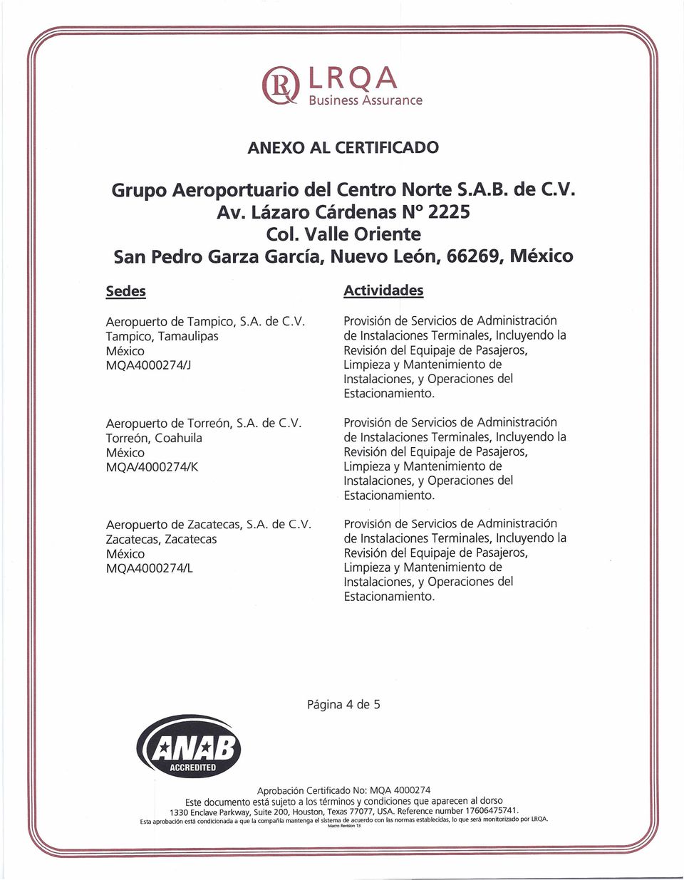 Zacatecas, Zacatecas MQA4000274/L Provision de Servicios de Adrninistracion Provision de Servicios de Administracion Provision de Servicios de