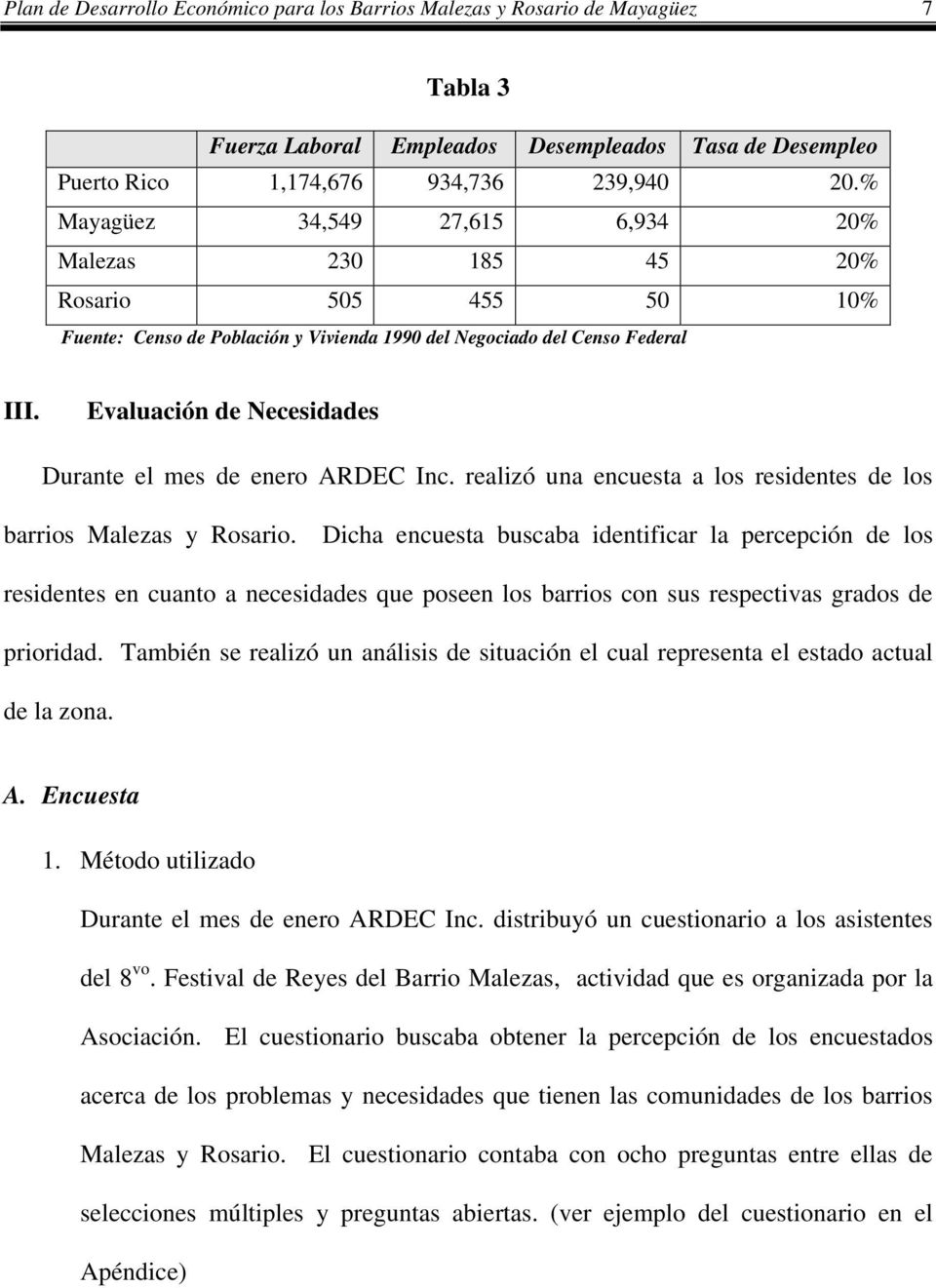 Evaluación de Necesidades Durante el mes de enero ARDEC Inc. realizó una encuesta a los residentes de los barrios Malezas y Rosario.