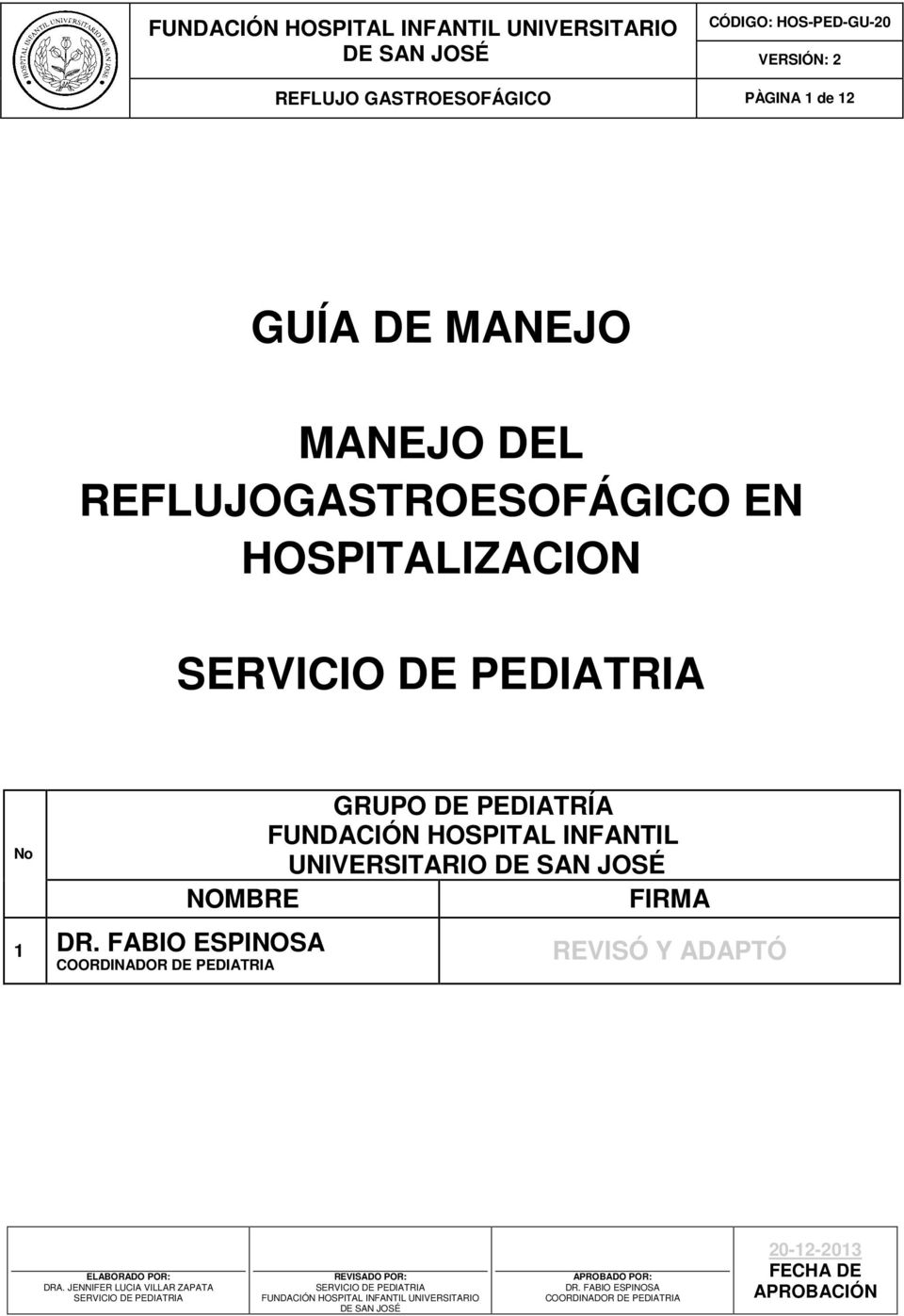 HOSPITALIZACION No 1 GRUPO DE PEDIATRÍA FUNDACIÓN