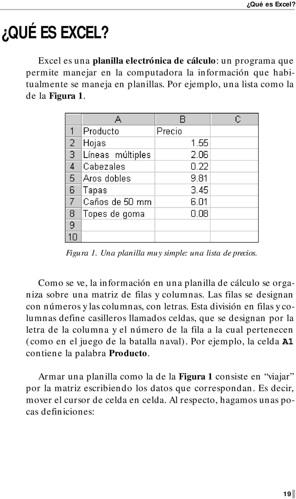 Como se ve, la información en una planilla de cálculo se organiza sobre una matriz de filas y columnas. Las filas se designan con números y las columnas, con letras.