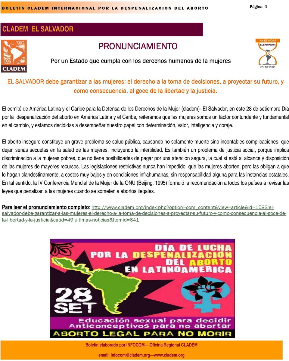 El comité de América Latina y el Caribe para la Defensa de los Derechos de la Mujer (cladem)- El Salvador, en este 28 de setiembre Día por la despenalización del aborto en América Latina y el Caribe,