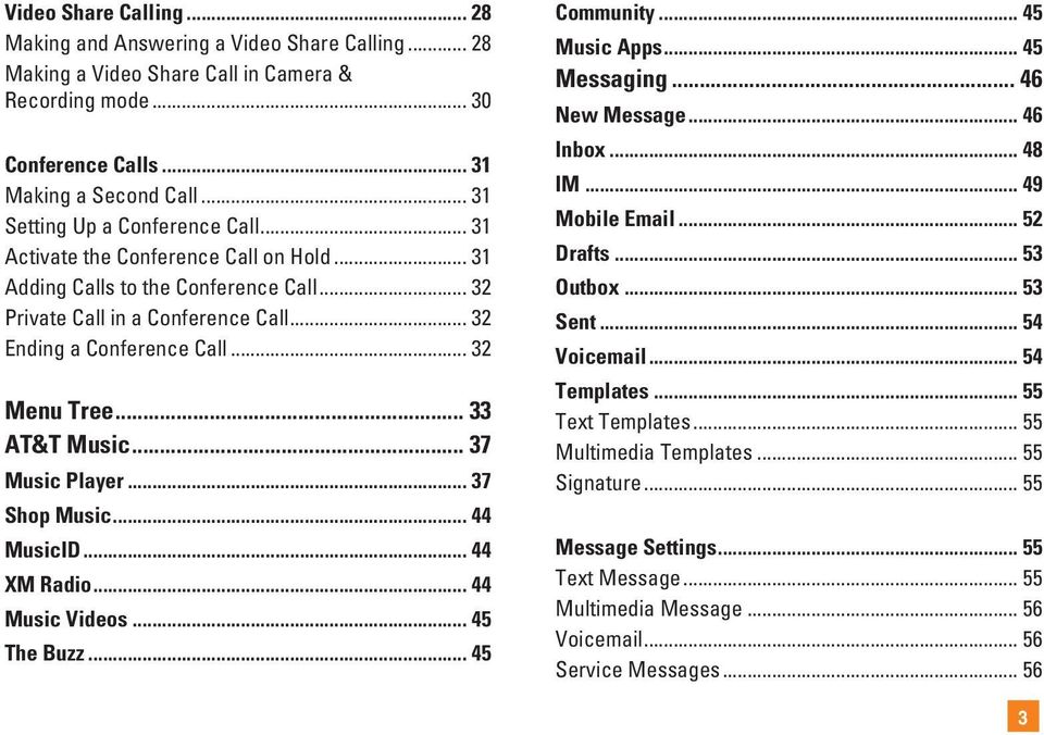 .. 32 Menu Tree... 33 AT&T Music... 37 Music Player... 37 Shop Music... 44 MusicID... 44 XM Radio... 44 Music Videos... 45 The Buzz... 45 Community... 45 Music Apps... 45 Messaging... 46 New Message.