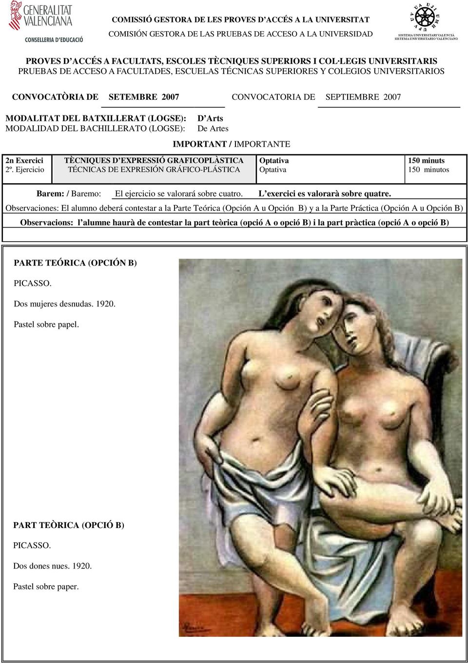 PARTE TEÓRICA (OPCIÓN B) PICASSO. Dos mujeres desnudas. 1920.