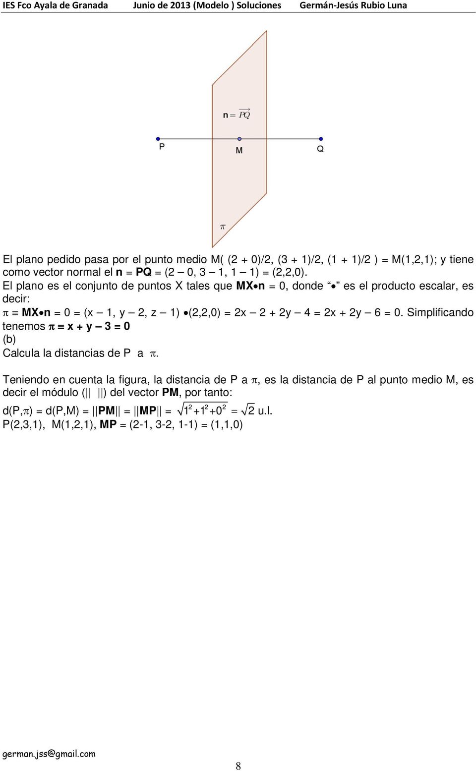 El plano es el conjunto de puntos X tales que MX n = 0, donde es el producto escalar, es decir: π MX n = 0 = (x 1, y, z 1) (,,0) = x + y 4 = x + y 6 = 0.