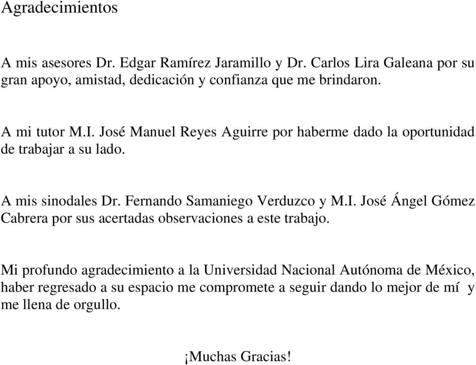 José Manuel Reyes Agurre por haberme dado la oportundad de trabajar a su lado. A ms snodales Dr. Fernando Samanego Verduzco y M.I.