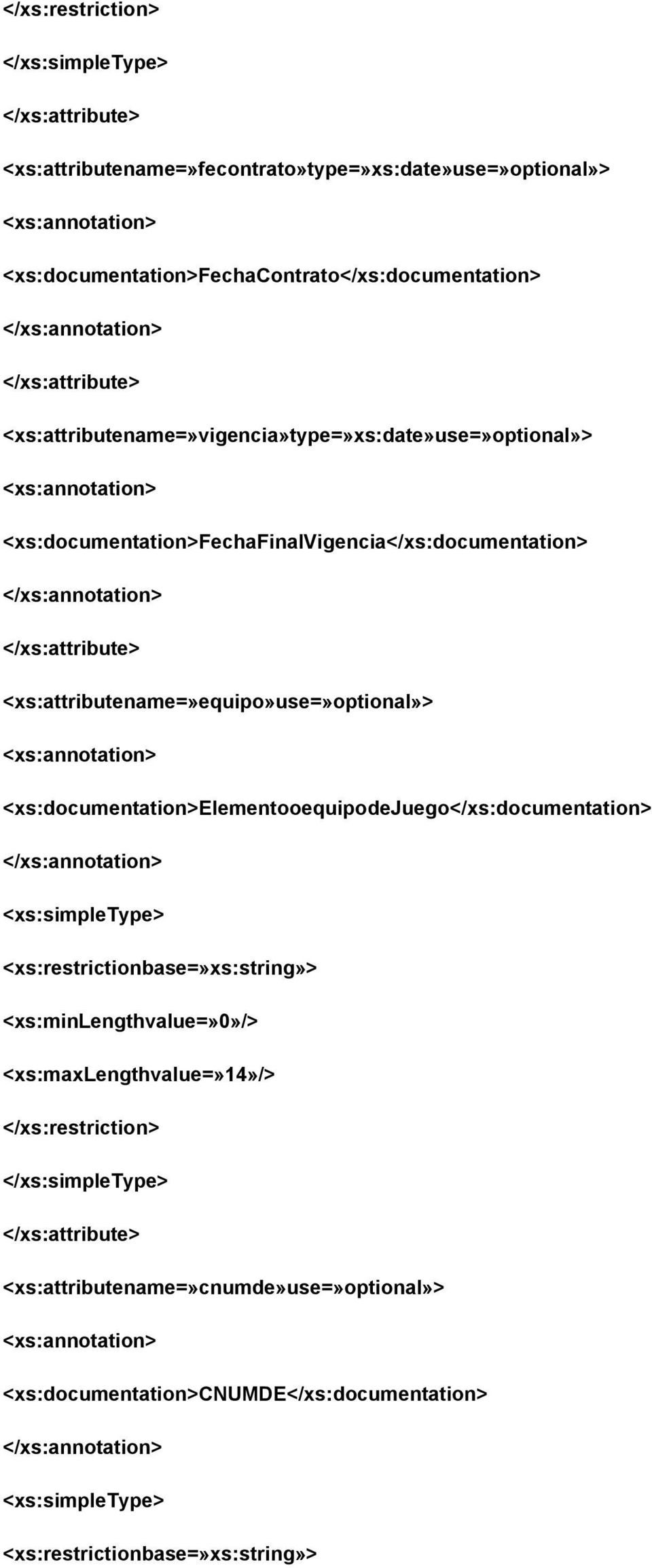 <xs:attributename=»equipo»use=»optional»> <xs:documentation>elementooequipodejuego</xs:documentation>