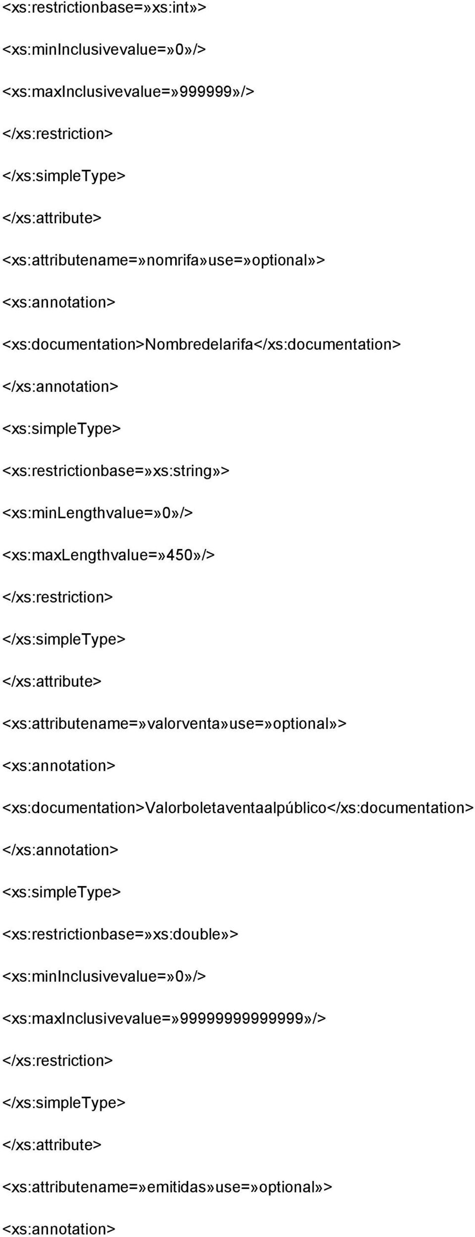 <xs:attributename=»valorventa»use=»optional»> <xs:documentation>valorboletaventaalpúblico</xs:documentation>
