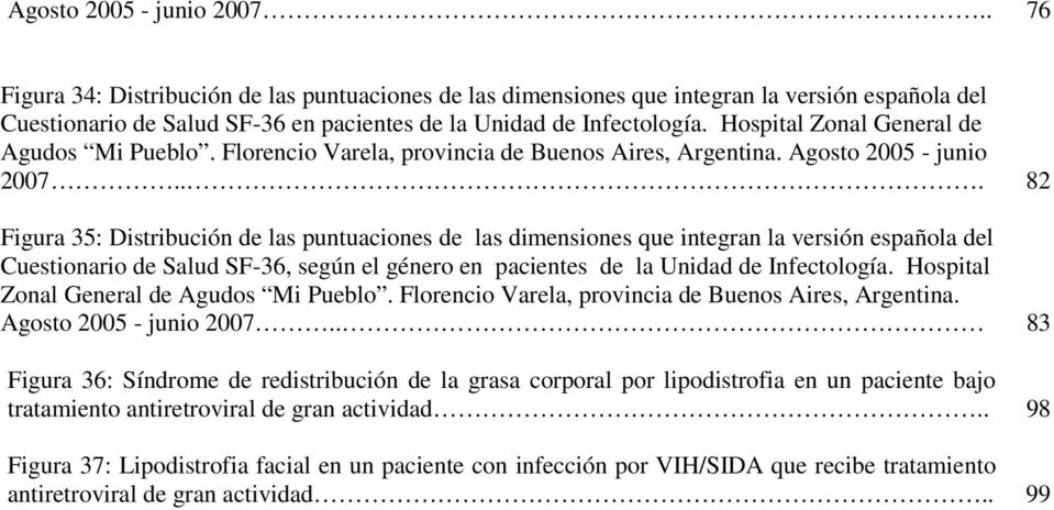 .. 82 Figura 35: Distribución de las puntuaciones de las dimensiones que integran la versión española del Cuestionario de Salud SF-36, según el género en pacientes de la Unidad de Infectología.