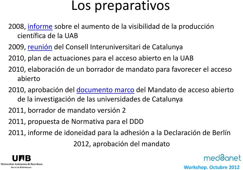 2010, aprobación del documento marco del Mandato de acceso abierto de la investigación de las universidades de Catalunya 2011, borrador de mandato