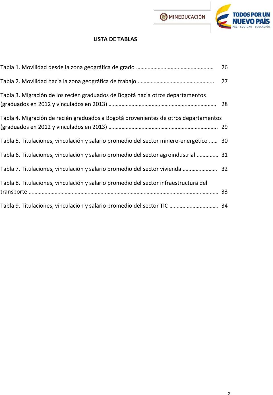 Migración de recién graduados a Bogotá provenientes de otros departamentos (graduados en 2012 y vinculados en 2013). 29 Tabla 5.