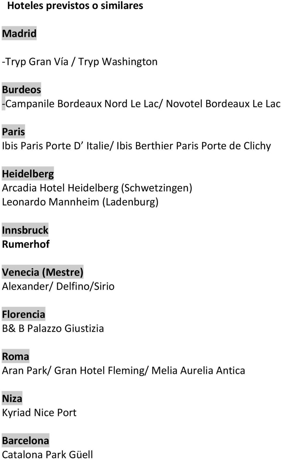 (Schwetzingen) Leonardo Mannheim (Ladenburg) Innsbruck Rumerhof Venecia (Mestre) Alexander/ Delfino/Sirio Florencia B& B