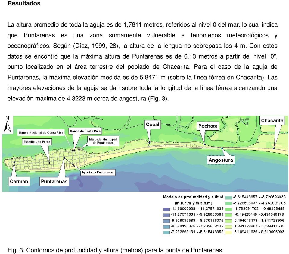 13 metros a partir del nivel 0, punto localizado en el área terrestre del poblado de Chacarita. Para el caso de la aguja de Puntarenas, la máxima elevación medida es de 5.