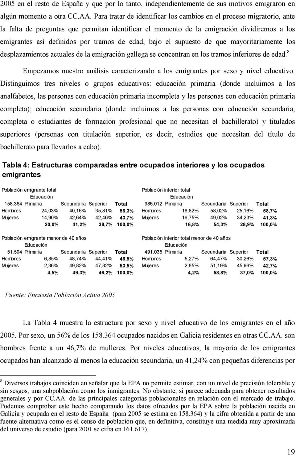 de edad, bajo el supuesto de que mayoritariamente los desplazamientos actuales de la emigración gallega se concentran en los tramos inferiores de edad.