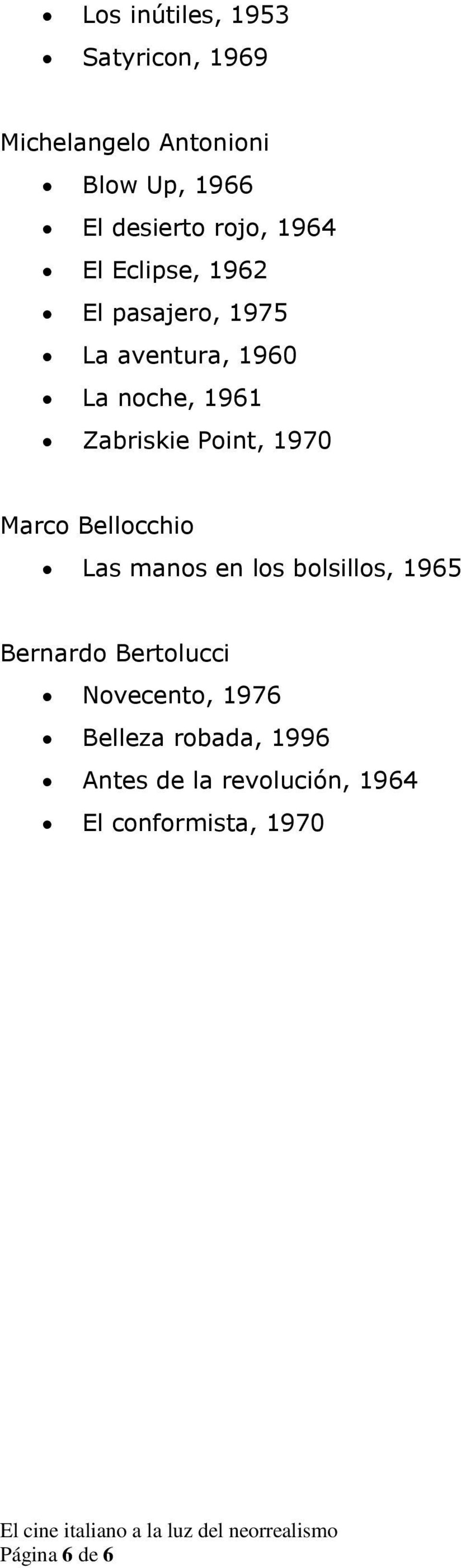 Point, 1970 Marco Bellocchio Las manos en los bolsillos, 1965 Bernardo Bertolucci