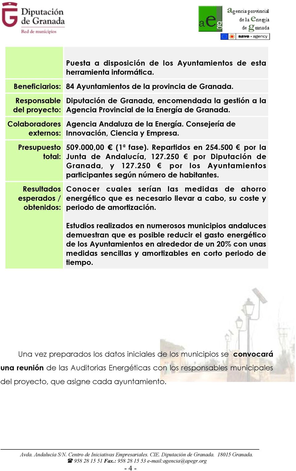 Agencia Andaluza de la Energía. Consejería de Innovación, Ciencia y Empresa. 509.000,00 (1ª fase). Repartidos en 254.500 por la Junta de Andalucía, 127.250 por Diputación de Granada, y 127.