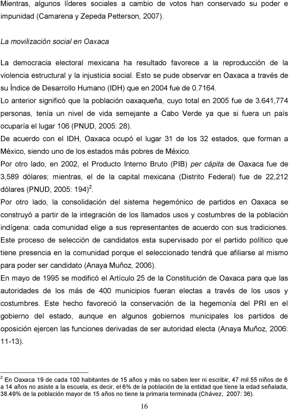 Esto se pude observar en Oaxaca a través de su Índice de Desarrollo Humano (IDH) que en 2004 fue de 0.7164. Lo anterior significó que la población oaxaqueña, cuyo total en 2005 fue de 3.