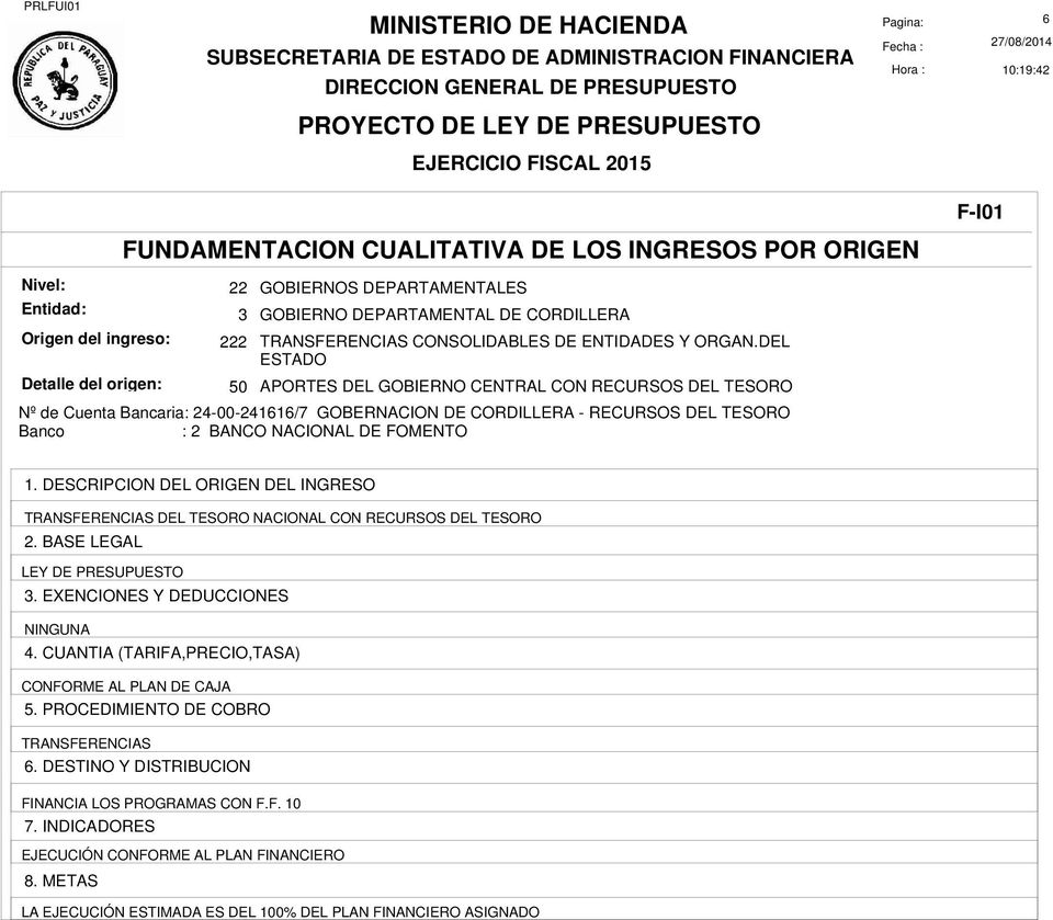 Bancaria: 24-00-241616/7 GOBERNACION DE CORDILLERA - RECURSOS DEL TESORO S DEL