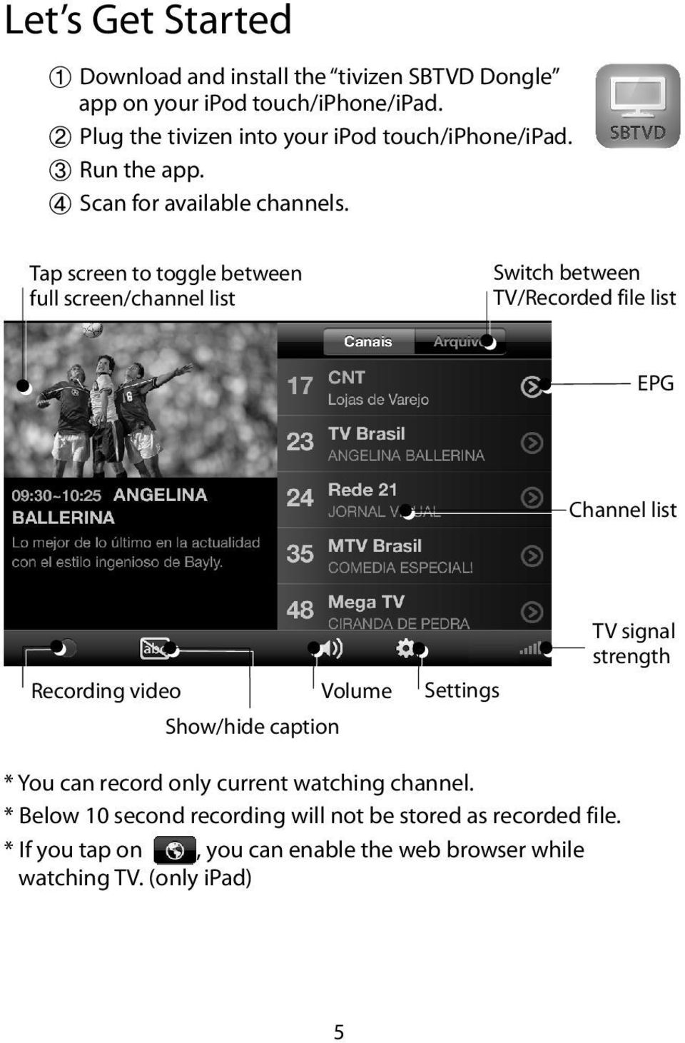 Tap screen to toggle between full screen/channel list Switch between TV/Recorded file list EPG Channel list Recording video Volume Show/hide