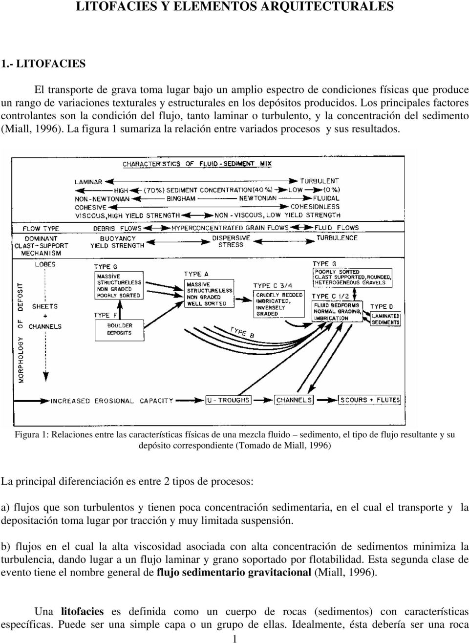 Los principales factores controlantes son la condición del flujo, tanto laminar o turbulento, y la concentración del sedimento (Miall, 1996).