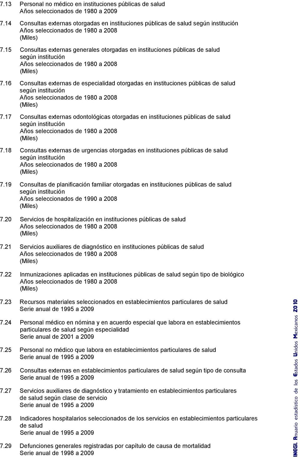 16 Consultas externas de especialidad otorgadas en instituciones públicas de salud según institución Años seleccionados de 1980 a 2008 (Miles) 7.