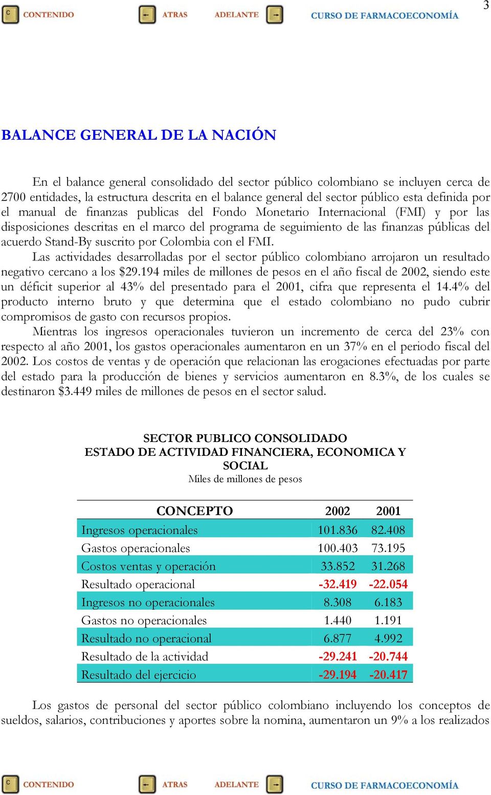 Stand-By suscrito por Colombia con el FMI. Las actividades desarrolladas por el sector público colombiano arrojaron un resultado negativo cercano a los $29.