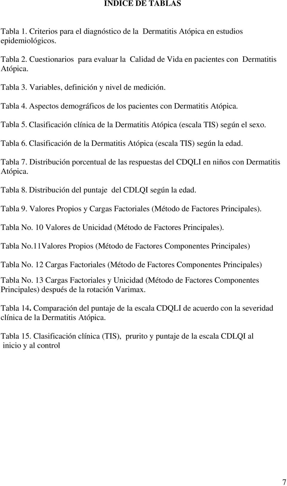 Aspectos demográficos de los pacientes con Dermatitis Atópica. Tabla 5. Clasificación clínica de la Dermatitis Atópica (escala TIS) según el sexo. Tabla 6.