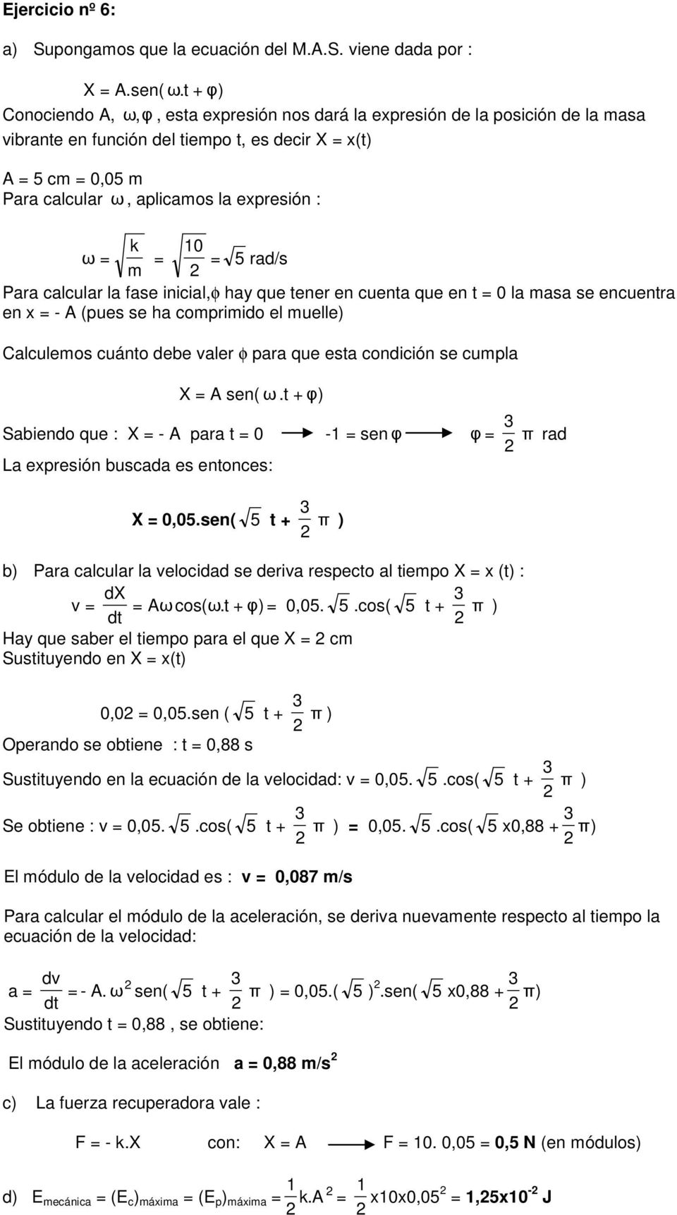 = = = 5 ad/s m Paa calcula la fase inicial,φ hay que tene en cuenta que en t = 0 la masa se encuenta en x = - A (pues se ha compimido el muelle) Calculemos cuánto debe vale φ paa que esta condición