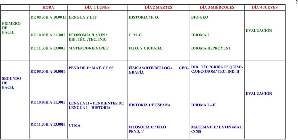 IDIOMA II /PROY INT DE 08.30H A 10.00H PEND DE 1º: MAT. CC SS FÍSICA/ARTE/BIOLOG./ GRAFÍA GEO- DIB. TÉC./GRIEGO/ QUÍMI- CA/ECONOM/ TEC. IND.