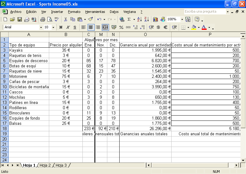 Lección 5 Trabajo con filas, columnas, hojas de cálculo y libros 5.3 4 Haga clic en el selector de la fila 3 (Kayaks). Excel seleccionará la fila.