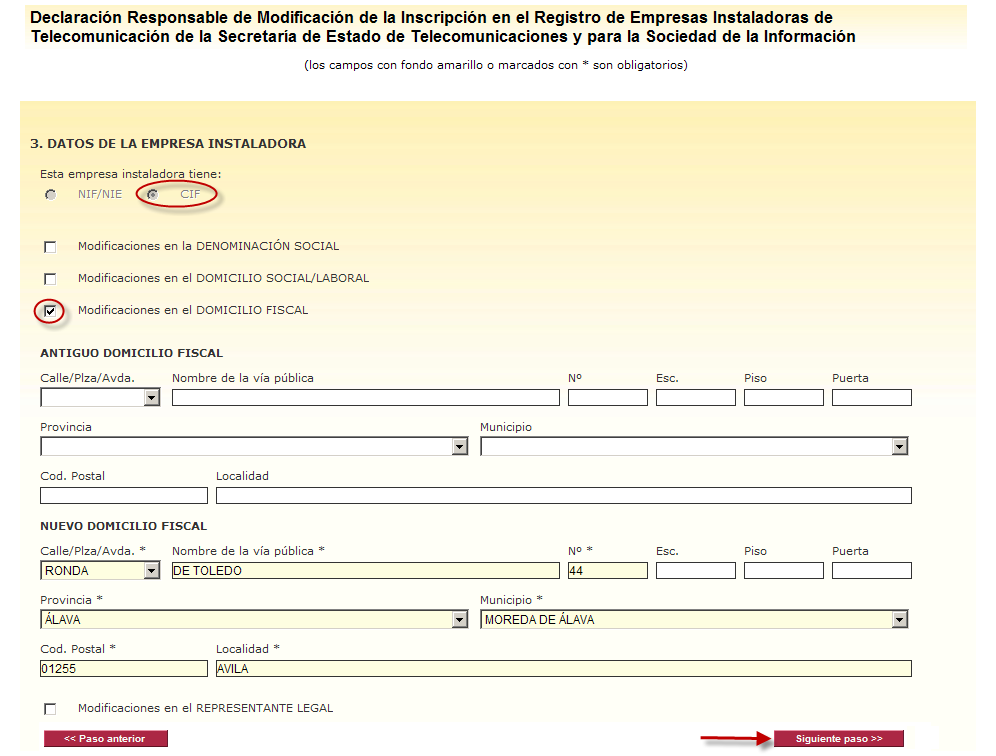 Fig. 157 CIF - Modificación Domicilio Fiscal Para continuar haga clic en el botón este formulario.
