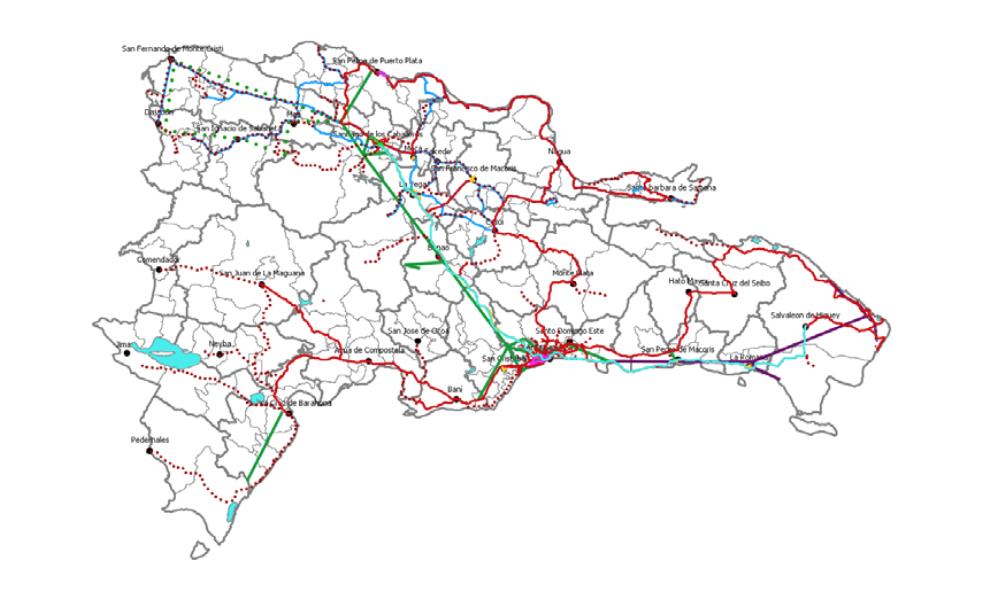 La Red de Fibra de Claro es la más extensa (en rojo); le sigue la red de Orange (en verde claro); Otras redes son: ETED (en verde oscuro); CEPM (morado); ADETEL (en azul) Las empresas pequeñas no