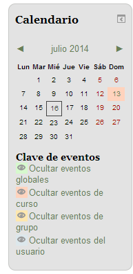 Calendario: En la esquina inferior derecha aparece el calendario en el que puedes visualizar los distintos eventos: Globales (comunes a todos los cursos de la plataforma) Del curso ( información