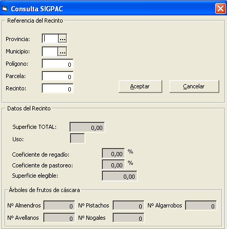 Introduzca las referencias del recinto. Después pulse Aceptar y aparecerán los datos que figuran en el CD-ROM de SIGPAC (incluido los coeficientes de regadío y de pastoreo).