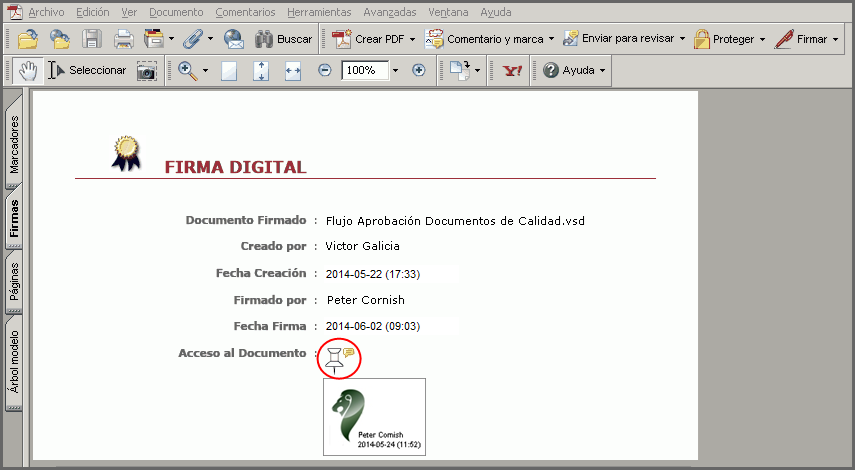 Normalmente el documento quedará convertido a PDF directamente, pero si por algún motivo el sistema no puede convertirlo correctamente, se creará un documento PDF con la firma digital, pero y con el