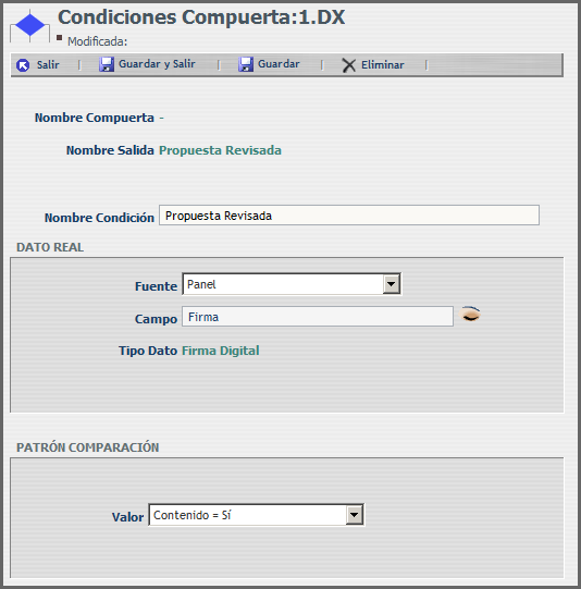 Detalle de la configuración de la Compuerta DX (obsérvese que la condición evalúa si hay contenido o no en el campo de Firma Digital). 7.3.1. Realizar Correcciones (TP.13) Si el revisor (TP.