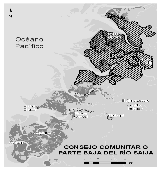 1. CONSEJO COMUNITARIO PARTE BAJA DEL RÍO SAIJA Este Consejo limita al norte con el municipio de López de Micay, cuyo límite Norte se ubica en la margen derecha de la bocana de Cantil, y al Sur con