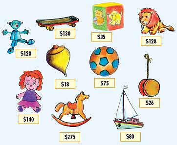 1. Ordena los precios de menor a mayor. 130 140 45 138 150 285 90 2. Contesta las preguntas usando los precios de los juguetes. I. Cuál es el juguete más barato? II.