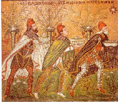 Mosaico de Rávena, siglo IV, con los tres reyes magos En el siglo XV, Petrus de Natalibus fijó que Melchor